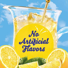 Lemonade drink mix with glass of yellow lemonade and lemon slices