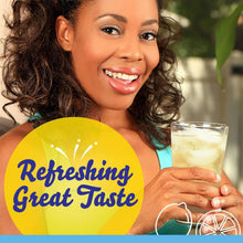 Lemonade mix drink in a glass with Refreshing Great Taste label