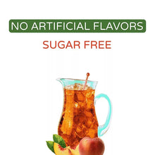 Sugar-free peach iced tea pitcher graphic with ice and fruit