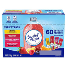 Crystal Light variety pack carton showing 60 on-the-go drink mix packets and flavors