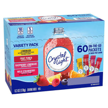 Crystal Light variety pack carton with 60 on-the-go drink mix packets and fruit flavors