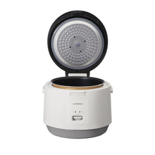 Cuckoo 10-cup rice cooker with inner pot visible, white body, gray lid rim