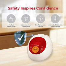 White rice cooker with red control panel, placed on kitchen countertop