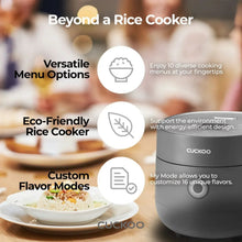 Rice cooker warmer on countertop with lid closed, next to plates of food