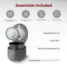 Rice cooker and warmer with removable inner lid and inner pot, dark gray base