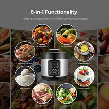 Stainless steel 8-in-1 pressure cooker with cooking mode icons
