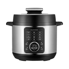 Stainless steel 8-in-1 pressure cooker with digital control panel and black lid