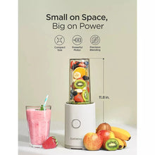 Personal blender with tall jar, compact cup, and yellow container with fruit