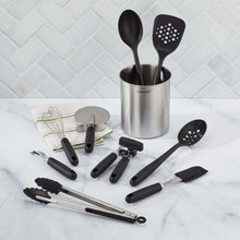 Cuisinart 10-piece kitchen tool set with black handles, whisk, spatulas, and crock