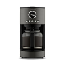 Black stainless steel 12-cup coffee machine with digital timer display and carafe