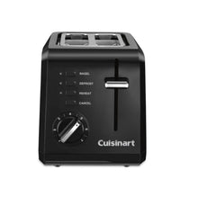 Black 2-slice compact toaster with lift lever, control buttons, and browning dial
