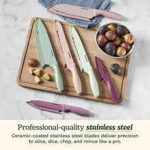 Ceramic-coated cutlery knives set with blade covers in pastel colors on a cutting board