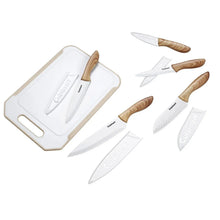 Ceramic-coated knife set with white cutting board and light wood-look handles, multiple knives