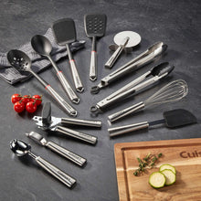 12-piece kitchen gadget set with stainless tools and black handles, whisk and spatulas
