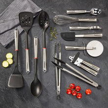 12-piece kitchen tool set with black heads, spatulas, whisks, and peelers