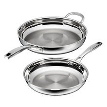 Pair of Cuisinart stainless steel skillets with matching lids and riveted handles