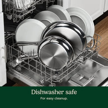 Stainless steel skillets nested in dishwasher rack with lids and long handles