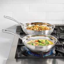 Cuisinart stainless steel skillet set with 8-inch and 10-inch pans, cooking food