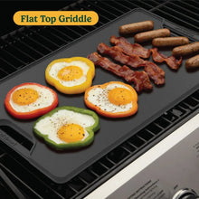 Cast iron flat top griddle plate with breakfast foods: eggs, bacon, and sausage links.