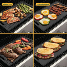 Cast iron reversible griddle plate in use with flat and ridbed cooking surfaces and food.