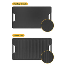Reversible cast iron griddle plate diagram showing flat top and ridbed grill sides.