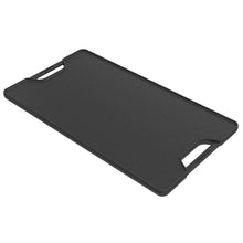 Cast iron reversible griddle plate with two side handles and smooth cooking surface.