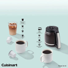 Illustrated Cuisinart 2-in-1 coffee maker in black with carafe and single-serve parts