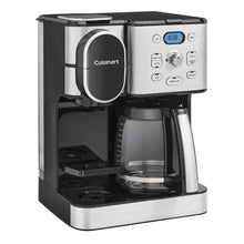 Cuisinart 2-in-1 coffee maker with pod chamber and carafe, angled view, stainless and black