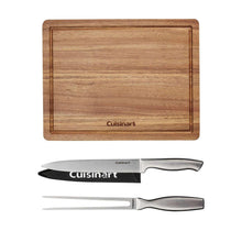 Stainless steel carving knives with dark handles on wood Cuisinart board