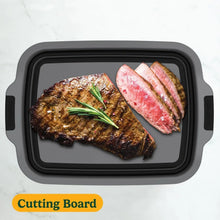 Cuisinart expandable prep and serve tub with lid holding cooked meat and slices