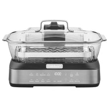 Digital glass steamer with transparent lid and stainless base, front control panel