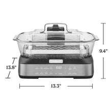 Digital glass steamer with clear lid and stainless base, compact countertop design