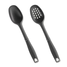 Pair of black silicone serving spoons with smooth round heads
