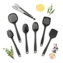 7-piece kitchen utensil set with black handles and perforated gray silicone scoops