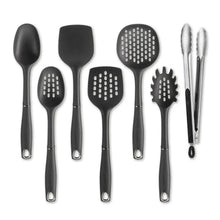 7-piece kitchen utensil set with black handles and gray silicone heads