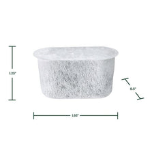 Charcoal water filter cup insert, gray, with size measurements, 1.63 in wide