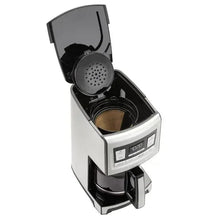 14-cup programmable coffee maker with open lid showing spray head and filter basket