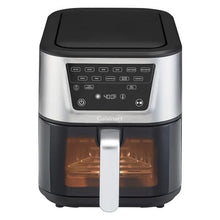 Stainless and black air fryer with front digital display, windowed basket and pull handle