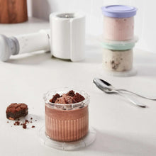 Frozen dessert cup set with chocolate and vanilla treats in clear half-pint holders