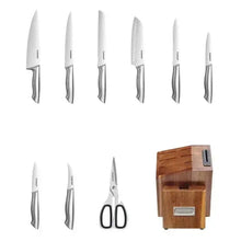 Assorted stainless steel knives with wooden storage block and sharpening slot