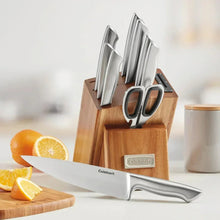 Cuisinart knife set with wooden block and stainless steel knives, built-in sharpener