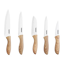 Ceramic-coated knives with white blades and light wood-look handles, assorted sizes