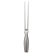 Carving fork with two tines, stainless steel blades, dark ergonomic handle