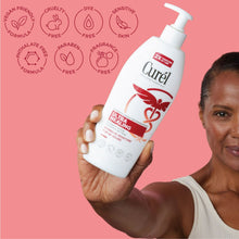 Lotion bottle with pump in hand, white with red emblem.