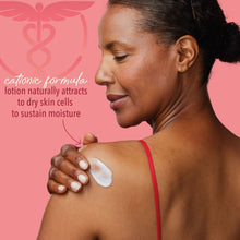 Lotion being applied from hand, dollop on shoulder.