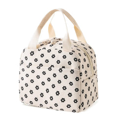 Cute Corduroy Lunch Bag for Women Men, Insulated Lunch Box Tote Bag Reusable Leakproof Bento Cooler Bag for Work Picnic Travel (Black Floral Beige)