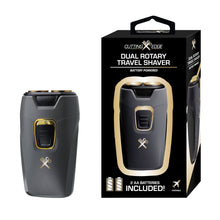 Dual rotary travel shaver retail box and shaver, dark gray with gold accents