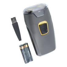 Dual rotary travel shaver with brush and battery, dark gray body with gold power switch
