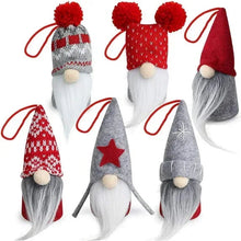 Plush gnome ornament set of 6 with red and gray knit hats, pom-poms, and hanging loops
