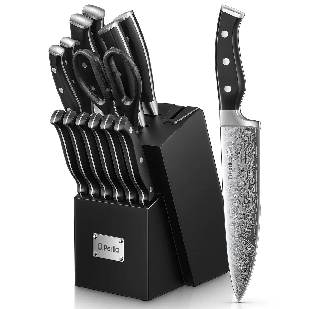 D.Perlla Knife Set, 14 Pcs Kitchen Knives Set with Built-in Sharpener, Stainless Steel Knife Set with Block - USA MEGA SHOP